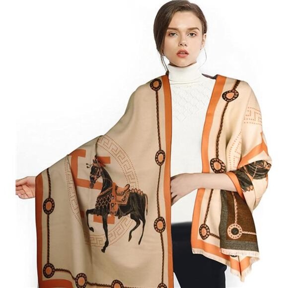 Women's Pashmina Silky Shawl Wrap Blanket Open Front Poncho Cape - Picture 2 of 9